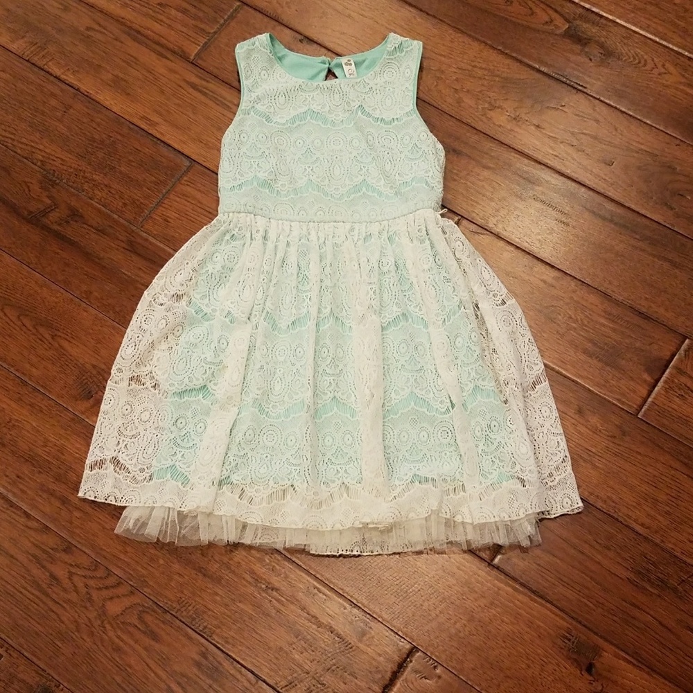 Teal dress with lace over top
